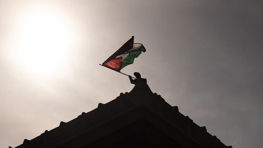 A pro-Palestinian demonstrator holds a flag on the rooftop of Hamilton Hall at Columbia University