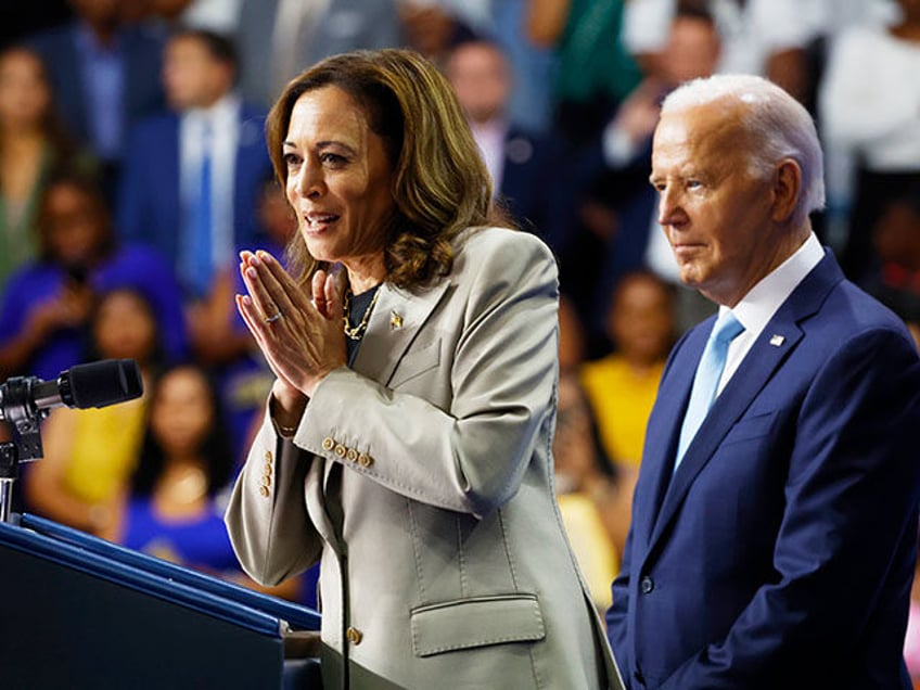 U.S. Vice President Kamala Harris gives remarks alongside U.S. President Joe Biden at Prin