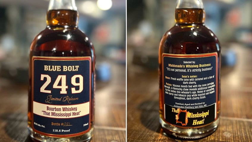 Blue Bolt 249 is a limited-release bottle of bourbon made by Maldonado's Whiskey Business.