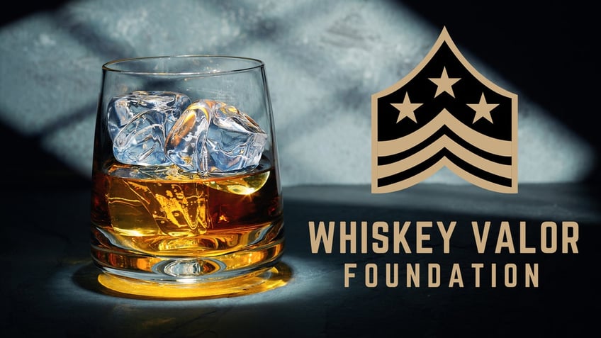 Bourbon on the rocks in a glass is pictured next to the Whiskey Valor Foundation logo.