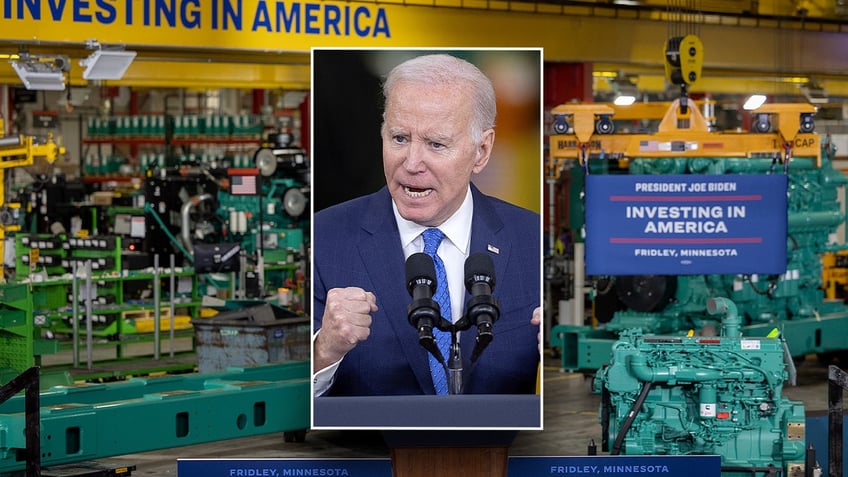 President Joe Biden visits the Cummins Power Generation Facility as part of his administration's Investing in America tour in Fridley, Minn., on Monday, April 3, 2023. The Democratic president gathered with state political and business leaders at the Cummins manufacturing plant as part of his administration's 20-state tour to highlight his economic agenda, focusing on infrastructure and clean energy jobs. Last year, Cummins announced Fridley would be the site of its first electrolyzer manufacturing facility in the United States, a $10 million investment that's expected to create 100 new jobs. Electrolyzers use an electric current to separate water into oxygen and hydrogen. The hydrogen can be used as a clean power source to help decarbonize heavy-duty transportation and industrial processes.