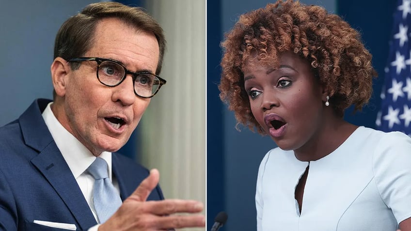 White House Press Secretary Karine Jean-Pierre and National Security Council Coordinator for Strategic Communications spokesman John Kirby split image