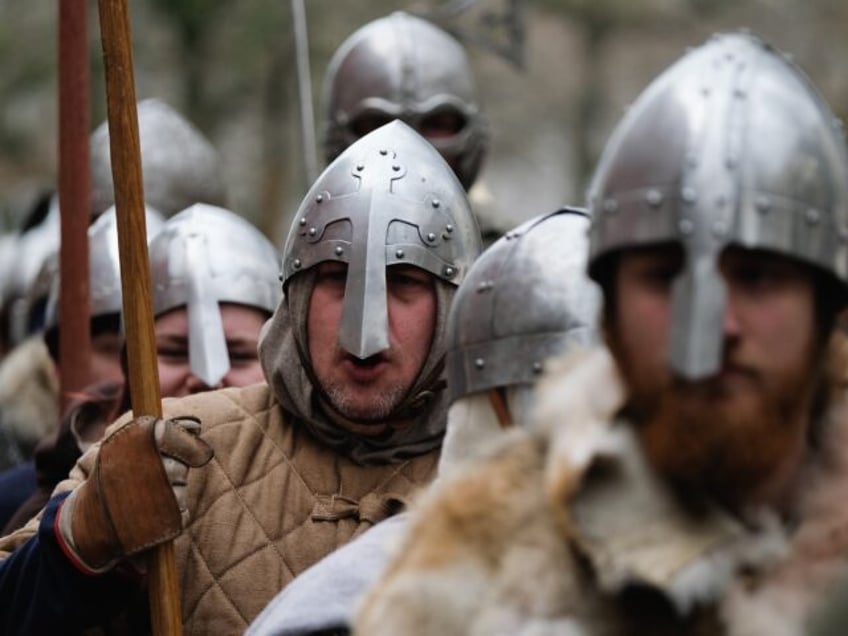 YORK, ENGLAND - FEBRUARY 17: Re-enactors representing the rival armies of the Vikings and