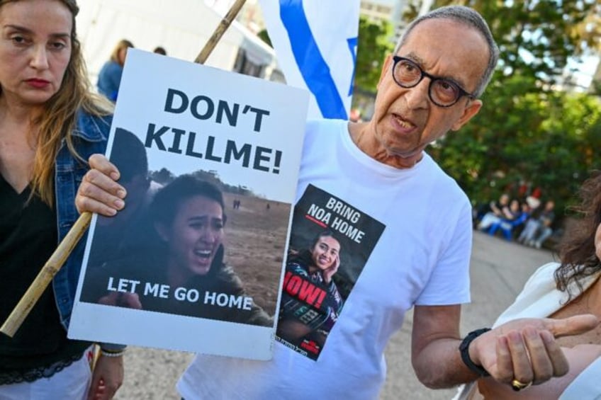 Yakov Argamani, father of Israeli hostage Noa Argamani, 26, speaks to journalists in Tel A