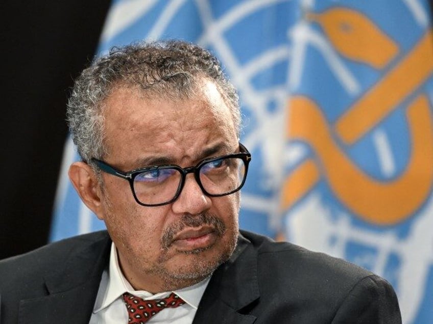 World Health Organization (WHO) chief Tedros Adhanom Ghebreyesus looks on during a press conference on the World Health Organization's 75th anniversary in Geneva, on April 6, 2023. (FABRICE COFFRINI/AFP via Getty)