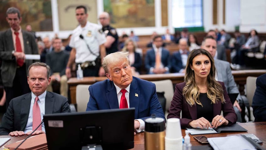 Former President Trump and Alina Habba during a trial at New York State Supreme Court in New York, on Oct. 17, 2023.