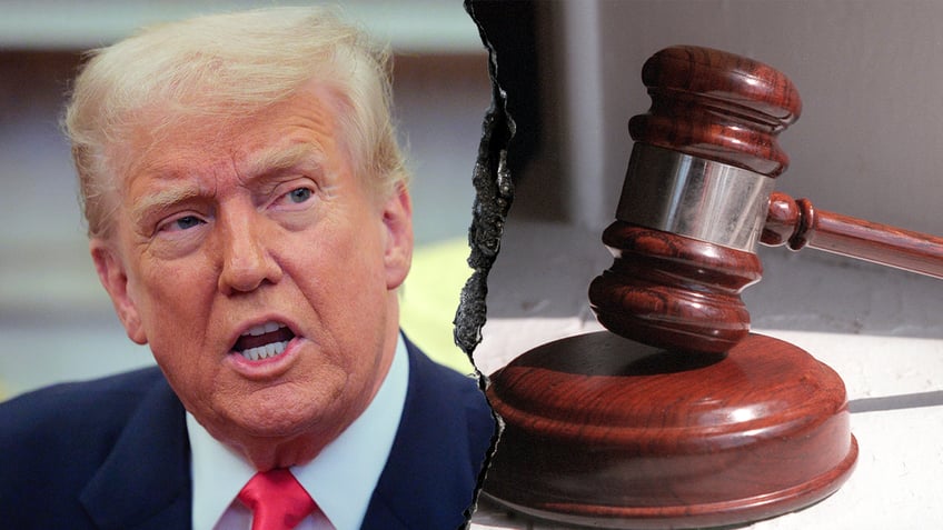 President Donald Trump in a split image with a gavel