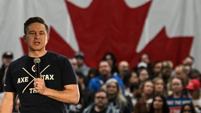 Leader of Canada's Conservative Party, Pierre Poilievre, speaks during a 'Spike the Hike - Axe the Tax' rally in Edmonton, on March 27, 2024, in Edmonton, Alberta, Canada. 