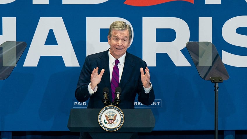 North Carolina Gov. Roy Cooper speaks during a campaign event at Westover High School in Fayetteville, North Carolina, on July 18, 2024.