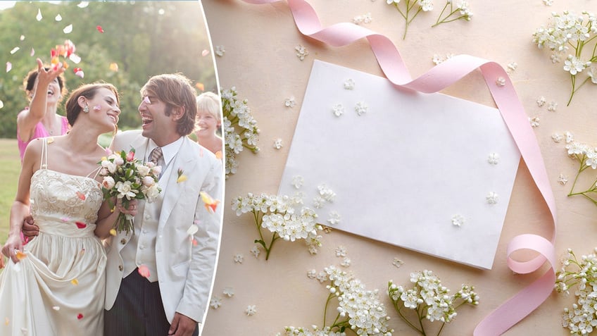 A bride and groom surrounded by guests next to a photo of a wedding invitation