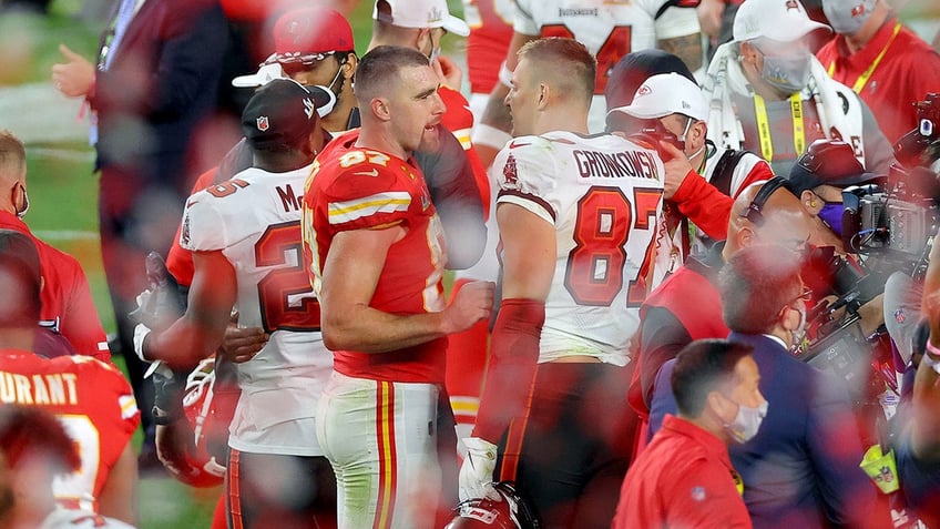 Travis Kelce and Rob Gronkowski at the Super Bowl