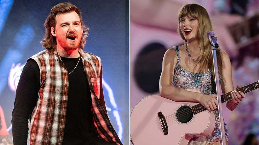 Side by side photos of Morgan Wallen on stage and Taylor Swift on stage