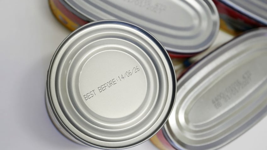 Canned food with expiry dates.