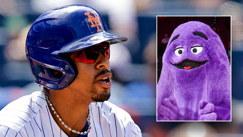 Francisco Lindor and Grimace side by side