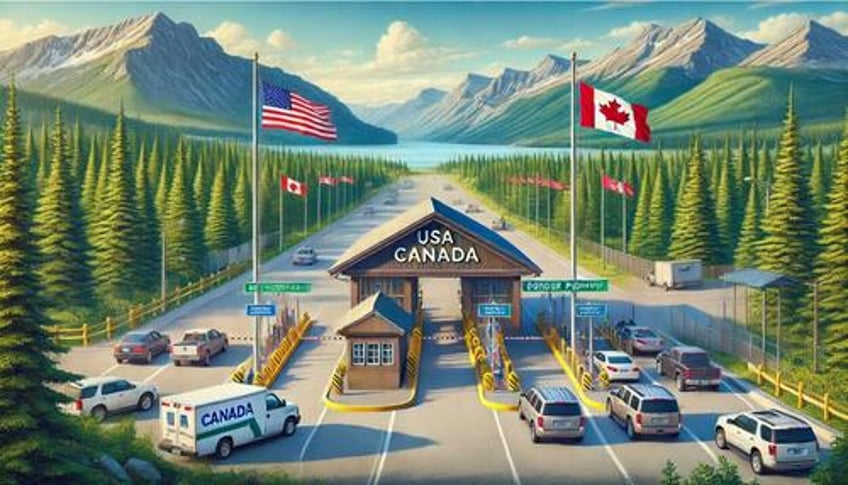 An AI image depicting a border crossing between the U.S. and Canada. 