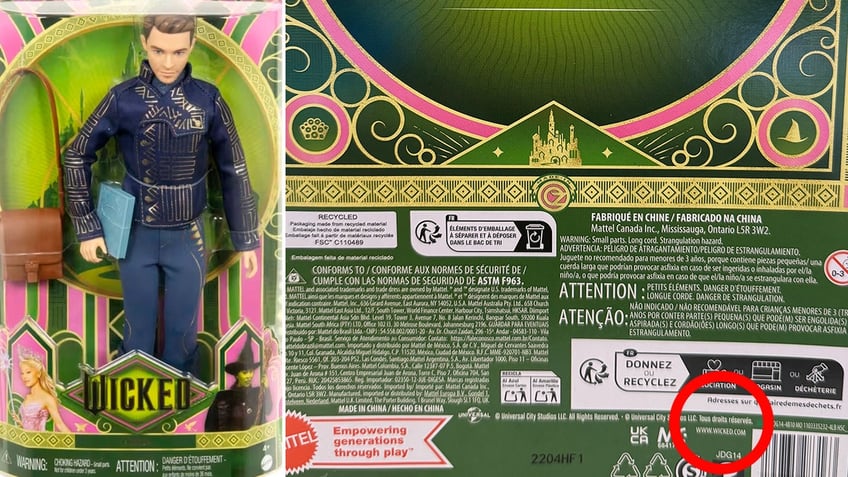 Mattel doll Fiyero in a blue suit split back of the box with a red circle showing the adult website