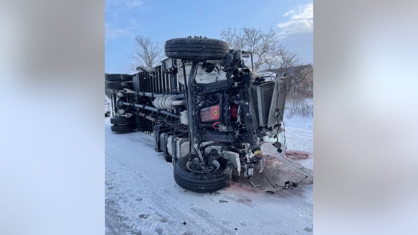 Truck on its side