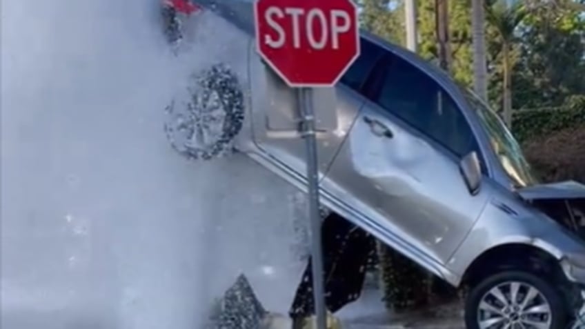 California burst hydrant lifts vehicle into air