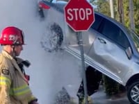 Wild video shows gushing fire hydrant suspending vehicle in the air after California crash