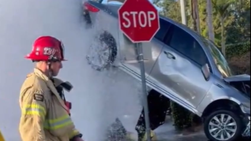 California burst hydrant suspends vehicle in air