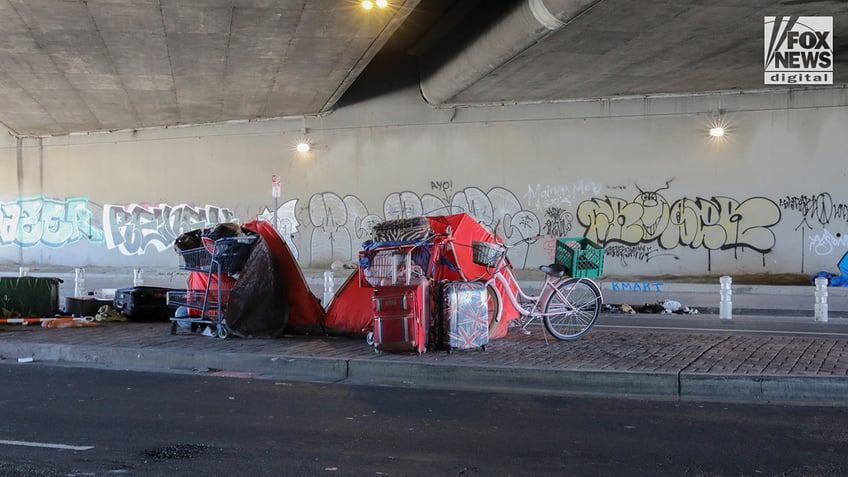 Homeless encampments line the streets in Oakland, California