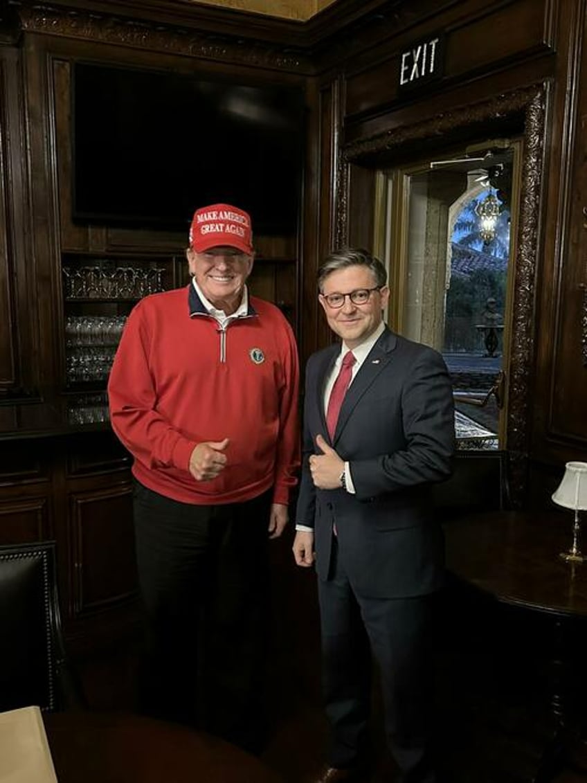 President Trump and Speaker Mike Johnson and Mar-a-Lago earlier this month.