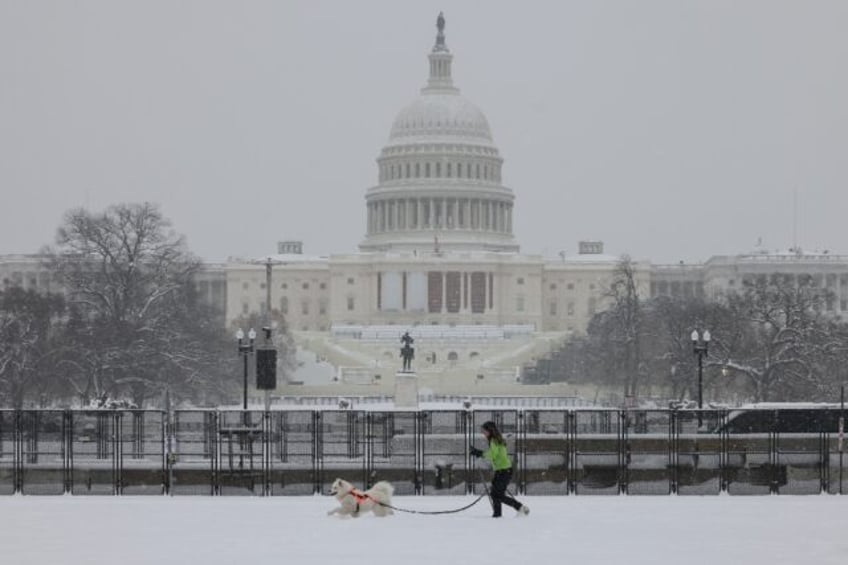 A woman walks her dog near the US Capitol as snow falls during a winter storm in Washingto