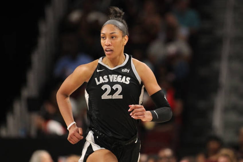 Ja Wilson of the Las Vegas Aces looks on during the game against the Puerto Rico National Team during the WNBA Preseason Game on May 11, 2024 at...