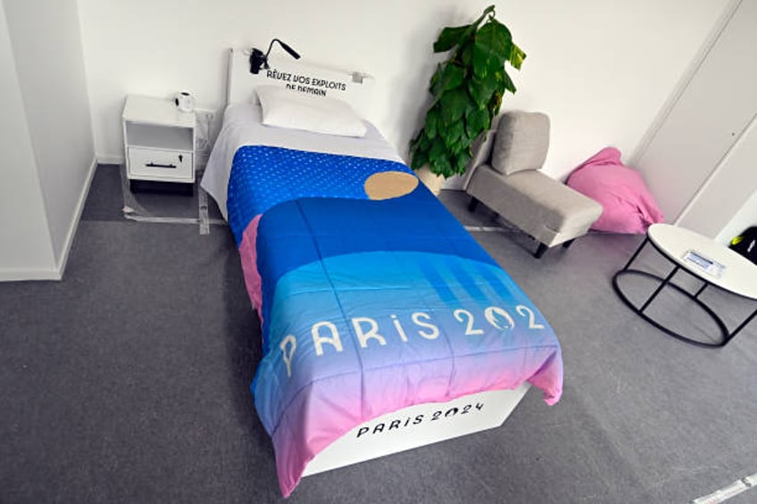 An inside view of a bedroom during the media visit of Paris 2024 Olympic and Paralympic village on July 02, 2024 in Paris, France.