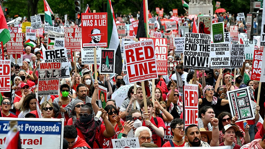 Demonstrators ahead of a joint meeting of Congress with Israeli prime minister Benjamin Netanyahu, outside the U.S. Capitol in Washington, D.C., on Wednesday, July 24, 2024.