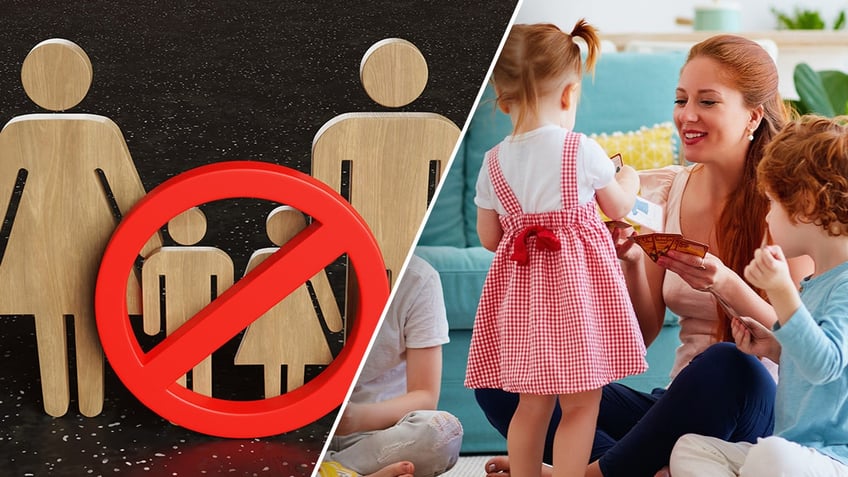 A split image of a childfree symbol and a family playing on the floor.