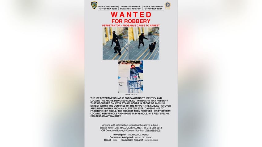 NYPD's wanted poster for a man who shoved a 68-year-old woman down a flight of church steps and stole from her. 