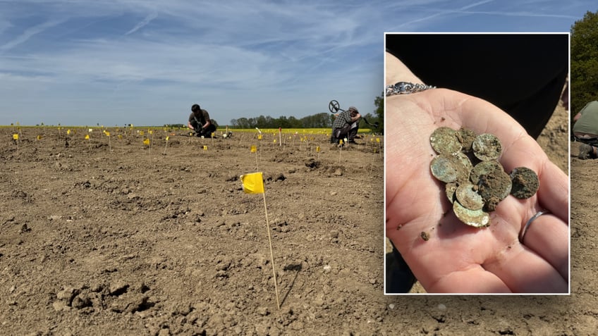 Split image of hands holding coins over dig site