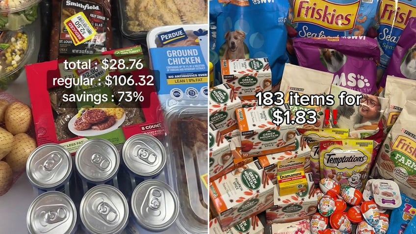 Taryn Blankenship's posts about her savings from couponing. On the left, it shows she saved 73%. On the right, it shows she got 183 items for $1.83.