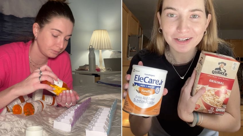 A woman with pills in one image and holding food in the other.