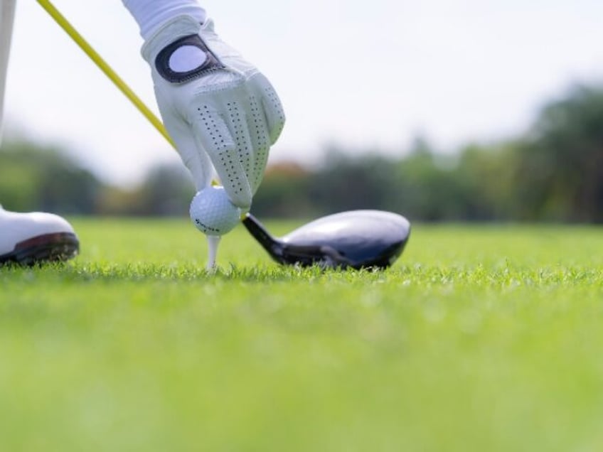 Hand putting golf ball on tee in golf course