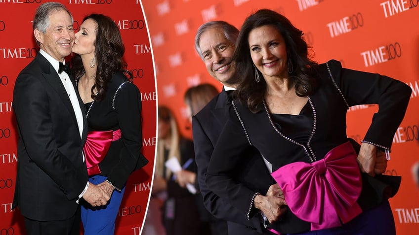 Lynda Carter kisses her husband Robert Altman on the cheek split Robert Altman stands behind Lynda Carter on the carpet at the same event