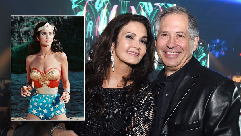 Lynda Carter as "Wonder Woman" in her costume and crown split Lynda Carter leans into husband Robert Altman