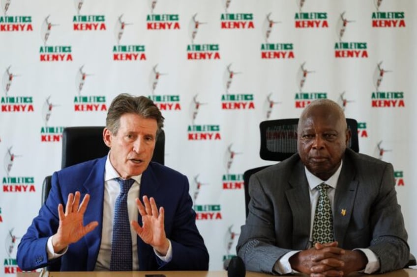 Sebastian Coe (left) with Athletics Kenya president Jackson Tuwei in Nairobi