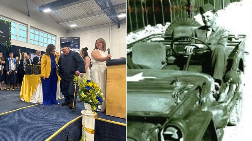 Split image of Charles in cap and gown and Charles in WWII