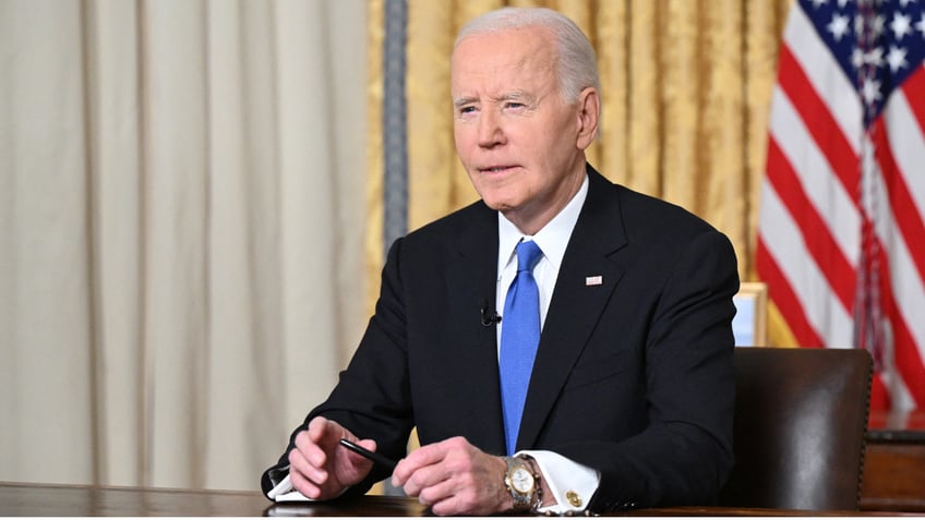 US President Joe Biden delivers his farewell address to the nation from the Oval Office of the White House in Washington, DC, on January 15, 2025. (Photo by Mandel NGAN / POOL / AFP) (Photo by MANDEL NGAN/POOL/AFP via Getty Images)