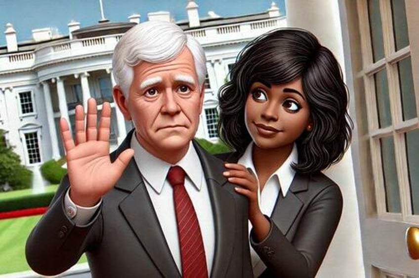 A mixed race woman Vice President sees off an elderly white President from the White House. 