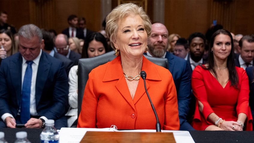 Linda McMahon, President Donald Trump's nominee for Secretary of Education, arrives for a hearing of the Health, Education, and Labor Committee on her nomination, Thursday, Feb. 13, 2025, in Washington.