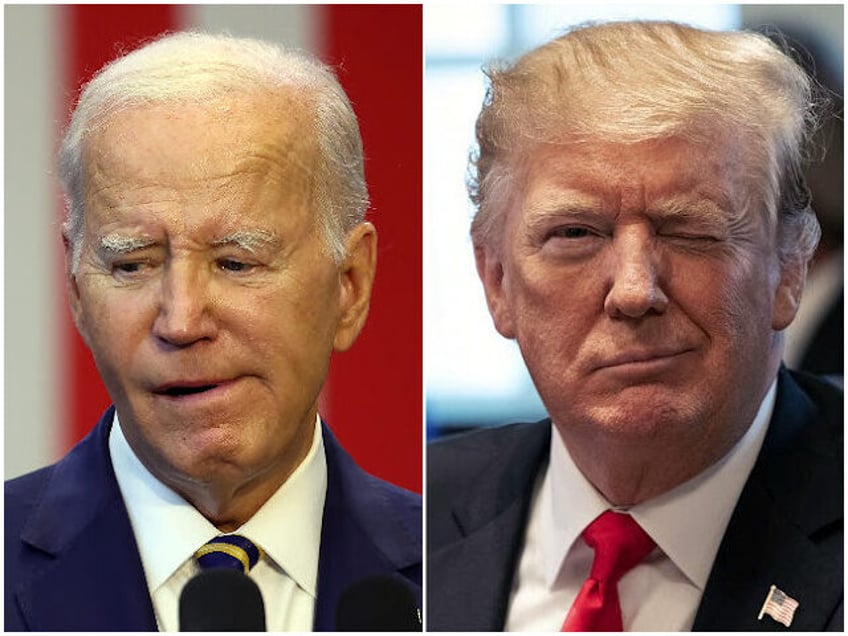 President Joe Biden bites his lip (Kevin Dietsch/Getty Images). Former President Donald Trump winks (NICHOLAS KAMM/AFP/Getty Images)