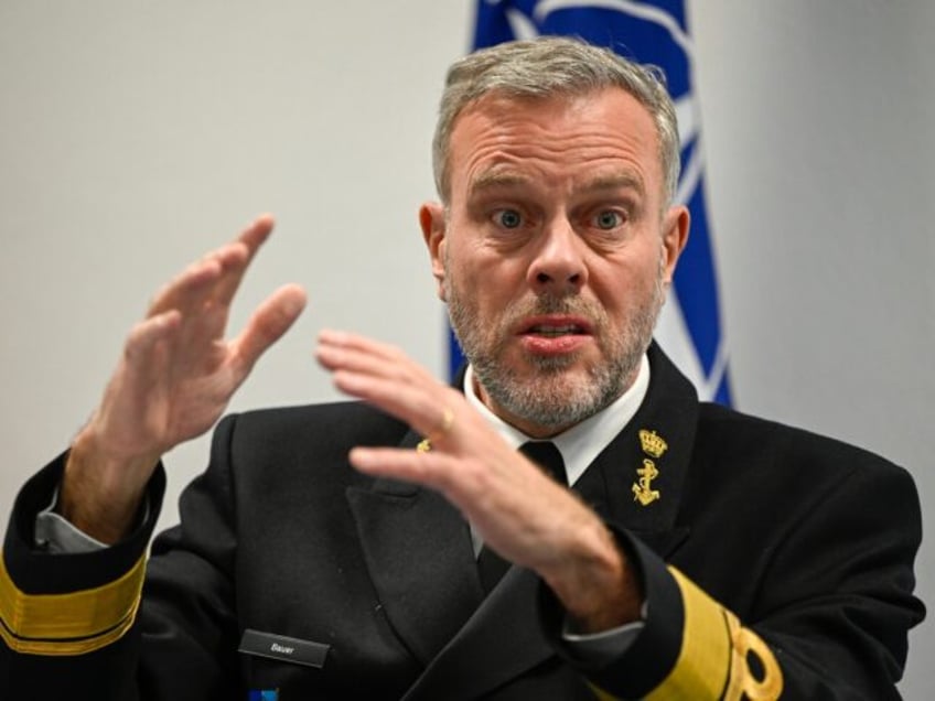 OEIRAS, PORTUGAL - JANUARY 20: The Chairman of NATO's Military Committee, Admiral Rob Bauer, gestures while answering a question during a joint press conference held at NATO premises in Gomes Freire Redoubt with the Portuguese Chief of General Staff of the Armed Forces, Admiral António Silva Ribeiro, to discuss the …
