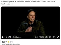 xAI Launches 'Remarkable, Terrifying' Grok 4 Model; Musk Says AI Could Discover New Physics