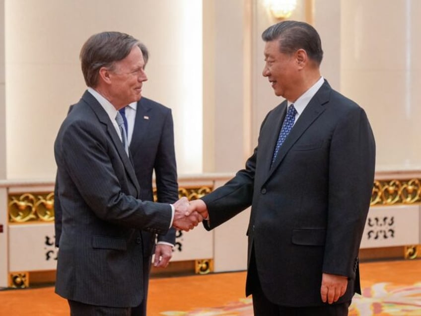US Ambassador to China Nicholas Burns (L) shakes hands with China's President Xi Jinping b