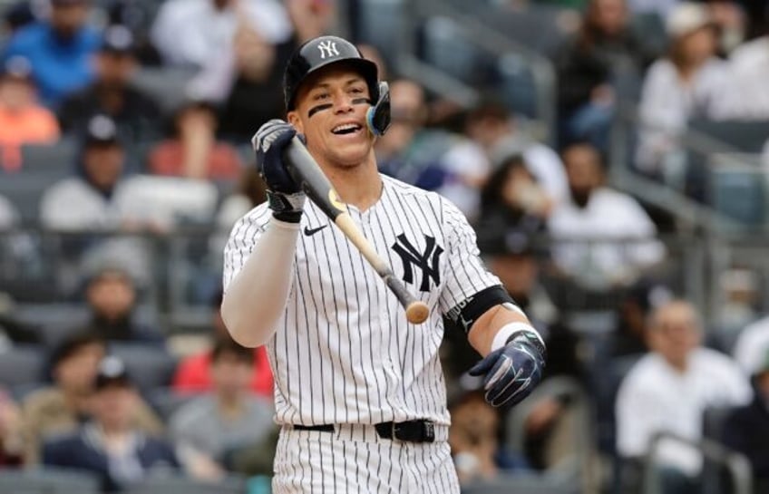 New York Yankees captain Aaron Judge reacts after striking out in the seventh inning again