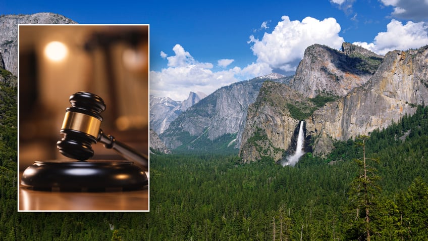 Split image of Yosemite mountains and gavel