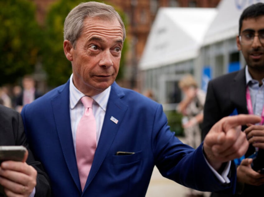 MANCHESTER, ENGLAND - OCTOBER 02: Former Leader of the Brexit Party, Nigel Farage attends the second day of the Conservative Party Conference on October 02, 2023 in Manchester, England. Chancellor of the Exchequer Jeremy Hunt announced that the national living wage will rise to at least £11 an hour. (Photo …